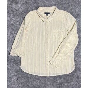 Tommy Hilfiger Seersucker Shirt Women’s XL Yellow Button Up Blouse Stripe Cotton